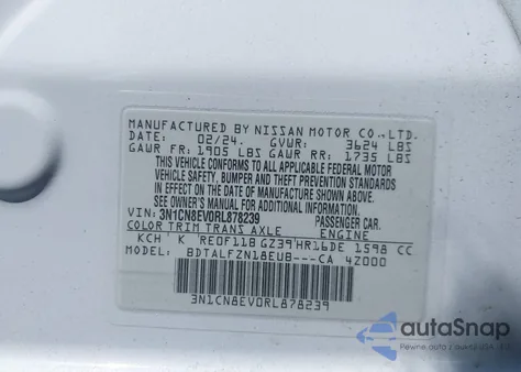 2024 Nissan Versa 1.6 Sv z USA, uszkodzony, nr VIN 3N1CN8EV0RL878239